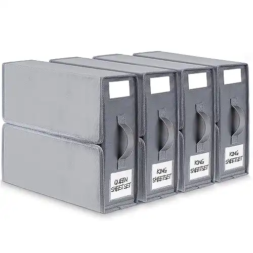 BIKTIC SheetCube Bed Sheet Organizers and Storage,4 Pack Sheet Folder Organizer (Queen or King Size), Linen Closet Organizer for Bedding Sheets,Duvet Covers and Pillow cases,Grey