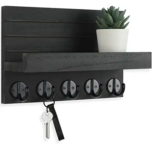 Lwenki Key Holder for Wall, Decorative Key and Mail Holder with Shelf Has Large Hooks for Bags, Coats, Umbrella Paulownia Wood Key Hanger with Mounting Hardware (9.8 W x 6.7 H x 4.2 D)