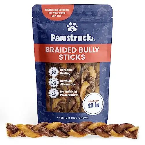 Pawstruck Natural 12” Braided Bully Sticks for Dogs - Tough Long Lasting, Rawhide Free, Low Odor, Healthy Single Ingredient Chew Treat for Aggressive Chewers - 5 Count - Packaging May Vary