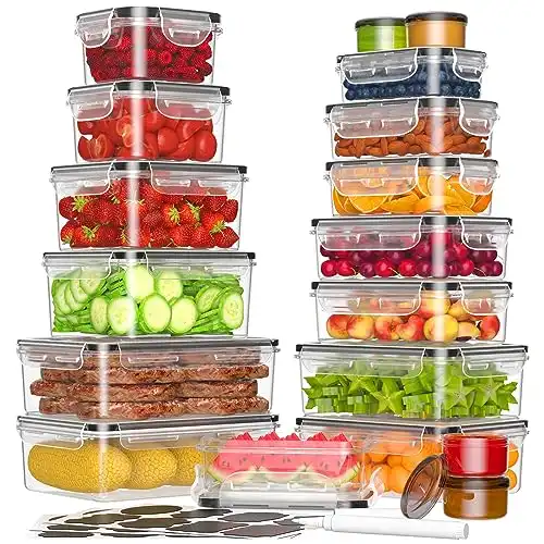 KEMETHY 36-Piece Food Storage Containers with Lids(18 Containers & 18 Lids), Plastic Food Containers for Pantry & Kitchen Storage and Organization, BPA-Free, Leak Proof, Reusable with Labels &...