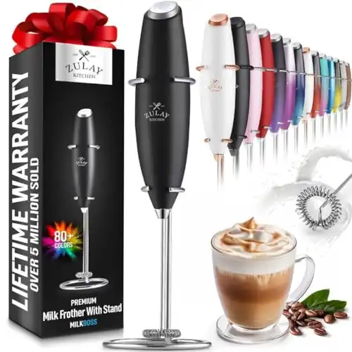 Zulay Kitchen Powerful Milk Frother Wand - Ultra Fast Handheld Drink Mixer - Electric Whisk Foam Maker for Coffee, Lattes, Cappuccino, Frappe, Matcha, Hot Chocolate & Coffee Creamer - Milk Boss Bl...