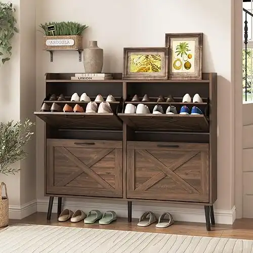 Maupvit Large Shoe Storage Cabinet with 4 Flip Drawers, Freestanding Shoe Organizer with Metal Drawer Hinges for Entryway, Narrow Shoe Rack Cabinet, 5 Sturdy Wooden Legs, Dark Walnut