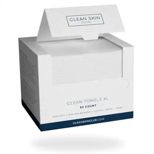 Clean Skin Club Clean Towels XL , 100% USDA Biobased Face Towel, Disposable Face Towelette, Makeup Remover Dry Wipes, Ultra Soft, 50 Ct, 1 Pack