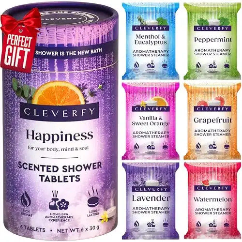 Cleverfy Shower Steamers Aromatherapy - Christmas Gifts for Women and Stocking Stuffers for Adults and Teens. Box of 6 Premium Self Care Shower Bombs with Essential Oils. Purple Set